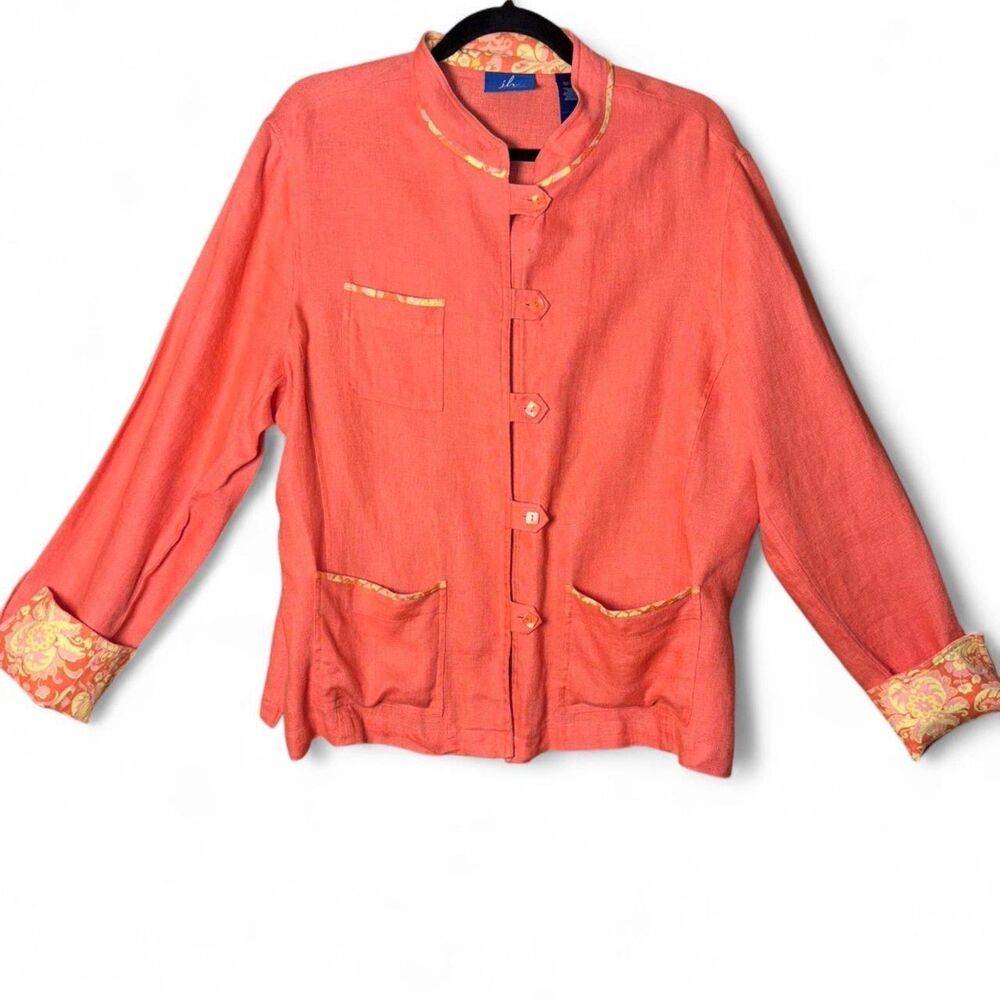 y2K Vintage Coral Linen Blazer Frog Closure Mandarin Collar XL j.h. Collectibles